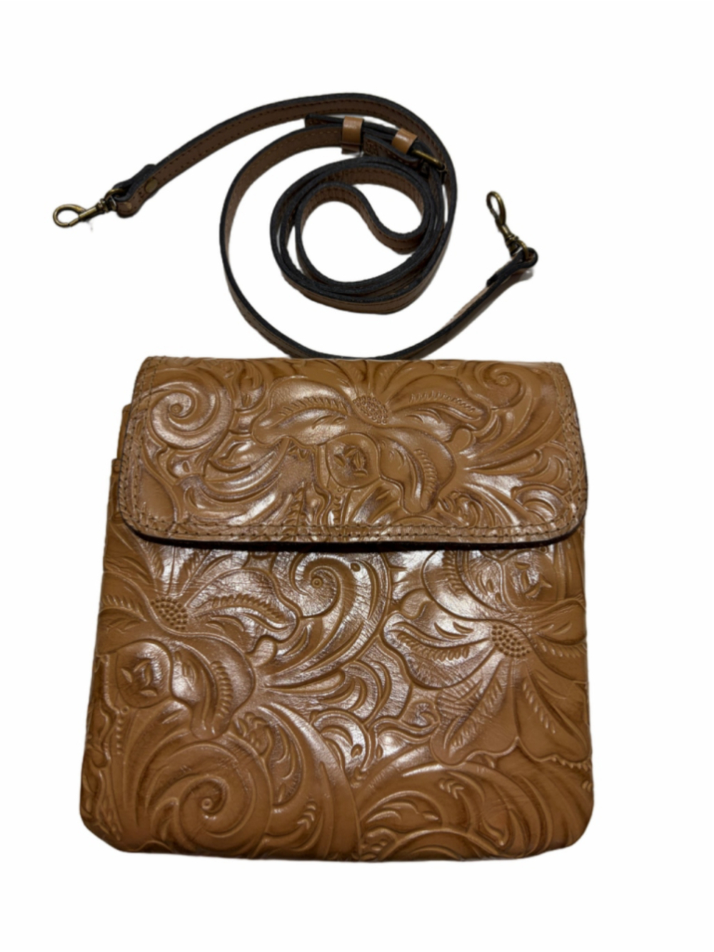 Patricia Nash British Tan Tooled Floral Leather Crossbody Bag Embossed Boho